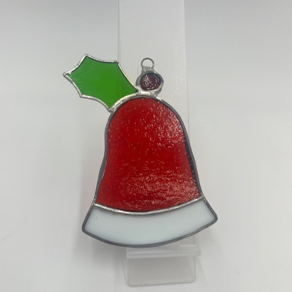Stained Glass‎ Christmas Bell Ornament Holly Accent Red White Festive Holiday